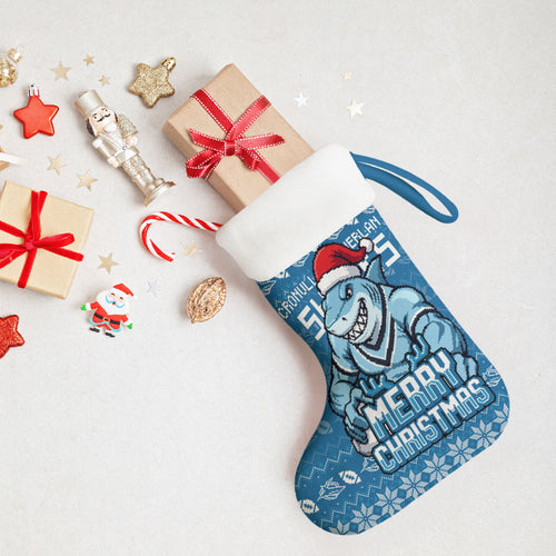 Cronulla Sharks Christmas Stocking Australian Rugby Fans - Pixelated Ugly Xmas Pattern Mascot Santa