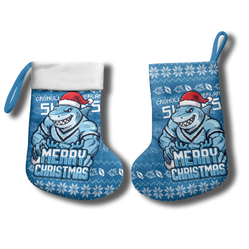 Cronulla Sharks Christmas Stocking Australian Rugby Fans - Pixelated Ugly Xmas Pattern Mascot Santa