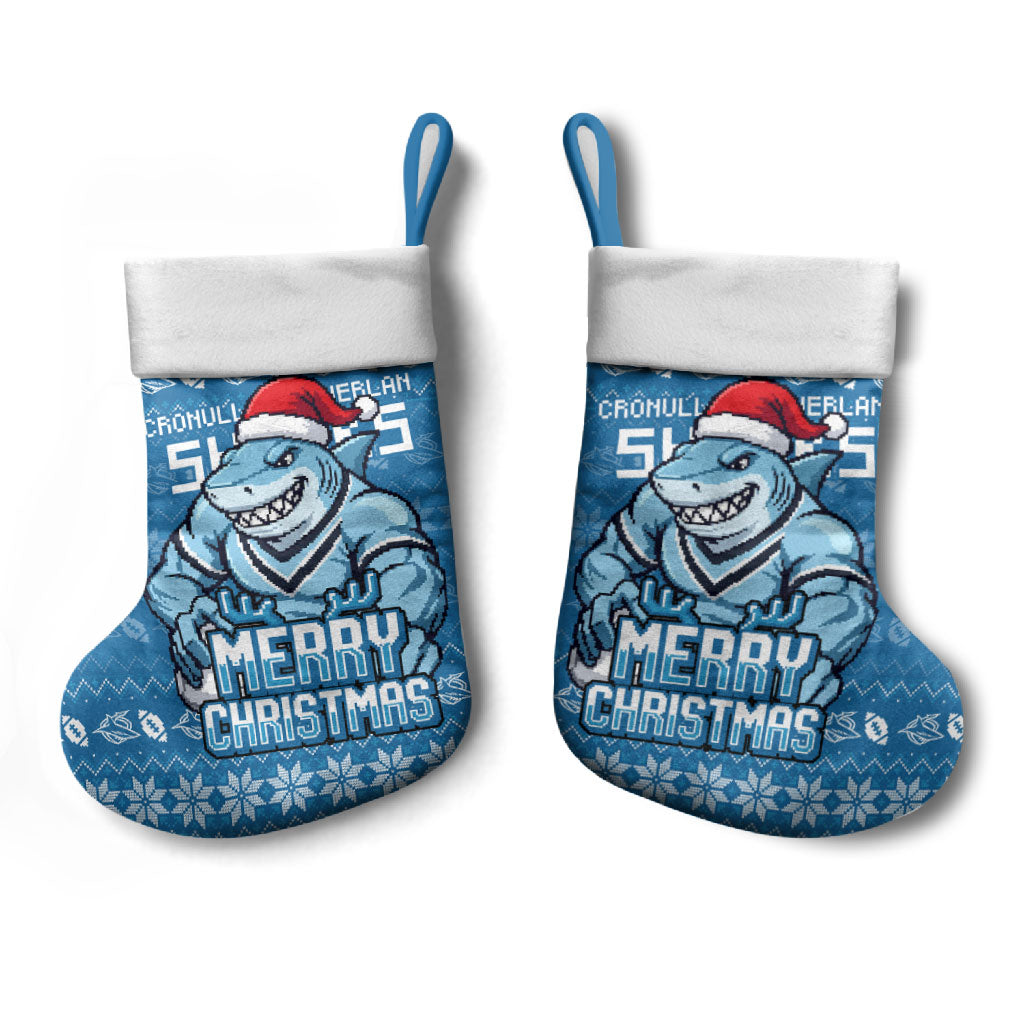 Cronulla Sharks Christmas Stocking Australian Rugby Fans - Pixelated Ugly Xmas Pattern Mascot Santa