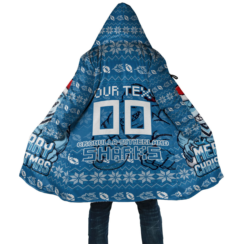 Personalized Cronulla Sharks Christmas Cloak Australian Rugby Fans - Pixelated Ugly Xmas Pattern Mascot Santa