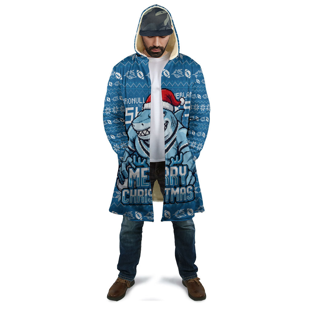 Personalized Cronulla Sharks Christmas Cloak Australian Rugby Fans - Pixelated Ugly Xmas Pattern Mascot Santa
