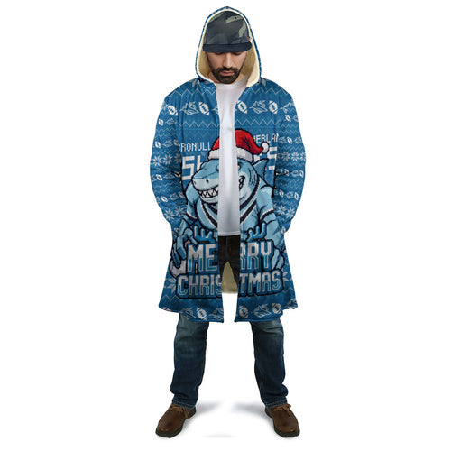 Personalized Cronulla Sharks Christmas Cloak Australian Rugby Fans - Pixelated Ugly Xmas Pattern Mascot Santa