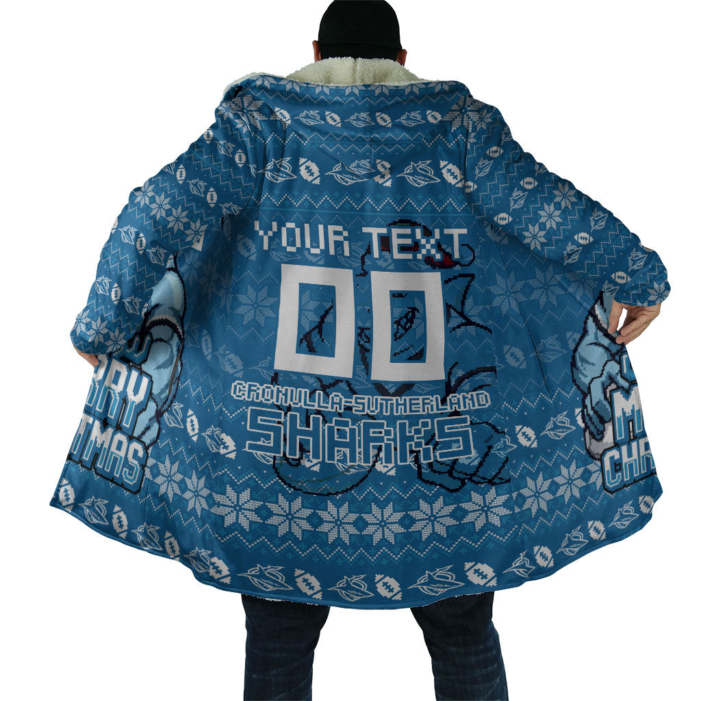 Personalized Cronulla Sharks Christmas Cloak Australian Rugby Fans - Pixelated Ugly Xmas Pattern Mascot Santa