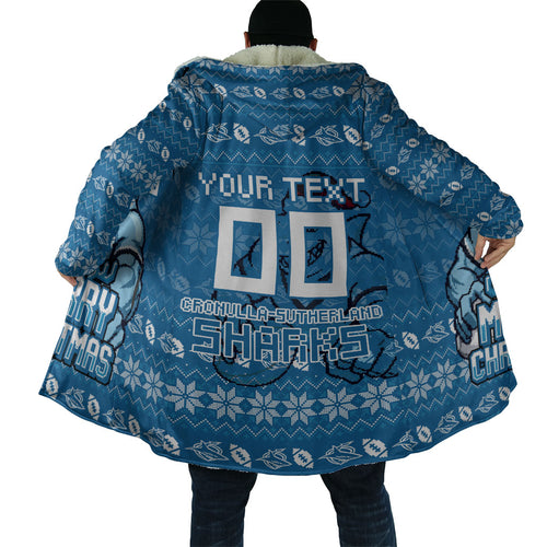 Personalized Cronulla Sharks Christmas Cloak Australian Rugby Fans - Pixelated Ugly Xmas Pattern Mascot Santa