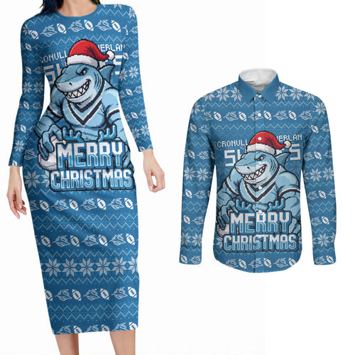 Personalized Cronulla Sharks Christmas Couples Matching Long Sleeve Bodycon Dress and Long Sleeve Button Shirt Australian Rugby Fans - Pixelated Ugly Xmas Pattern Mascot Santa