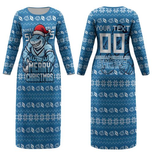 Personalized Cronulla Sharks Christmas Couples Matching Long Sleeve Bodycon Dress and Long Sleeve Button Shirt Australian Rugby Fans - Pixelated Ugly Xmas Pattern Mascot Santa