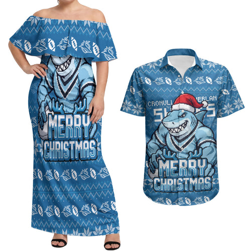 Personalized Cronulla Sharks Christmas Couples Matching Off Shoulder Maxi Dress and Hawaiian Shirt Australian Rugby Fans - Pixelated Ugly Xmas Pattern Mascot Santa