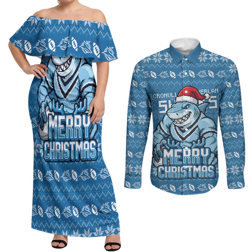 Personalized Cronulla Sharks Christmas Couples Matching Off Shoulder Maxi Dress and Long Sleeve Button Shirt Australian Rugby Fans - Pixelated Ugly Xmas Pattern Mascot Santa