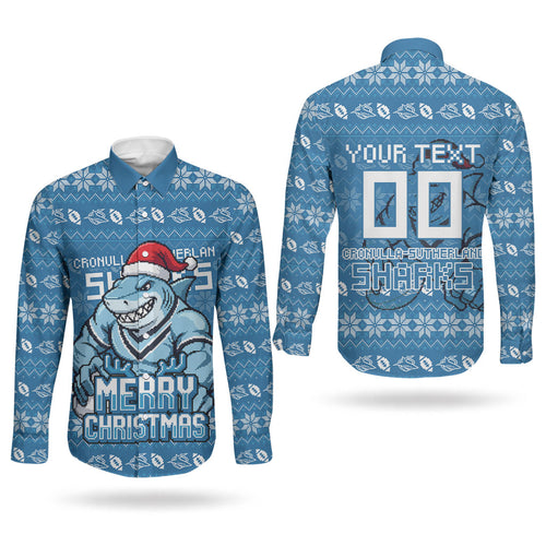 Personalized Cronulla Sharks Christmas Couples Matching Off Shoulder Maxi Dress and Long Sleeve Button Shirt Australian Rugby Fans - Pixelated Ugly Xmas Pattern Mascot Santa