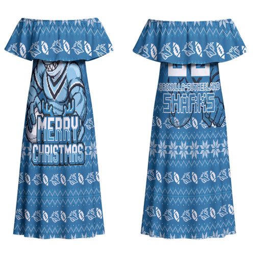 Personalized Cronulla Sharks Christmas Couples Matching Off Shoulder Maxi Dress and Long Sleeve Button Shirt Australian Rugby Fans - Pixelated Ugly Xmas Pattern Mascot Santa