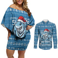 Personalized Cronulla Sharks Christmas Couples Matching Off Shoulder Short Dress and Long Sleeve Button Shirt Australian Rugby Fans - Pixelated Ugly Xmas Pattern Mascot Santa