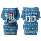 Personalized Cronulla Sharks Christmas Couples Matching Off Shoulder Short Dress and Long Sleeve Button Shirt Australian Rugby Fans - Pixelated Ugly Xmas Pattern Mascot Santa