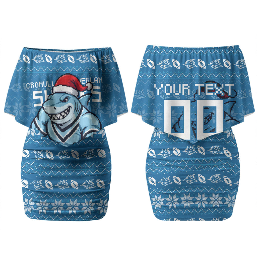 Personalized Cronulla Sharks Christmas Couples Matching Off Shoulder Short Dress and Long Sleeve Button Shirt Australian Rugby Fans - Pixelated Ugly Xmas Pattern Mascot Santa