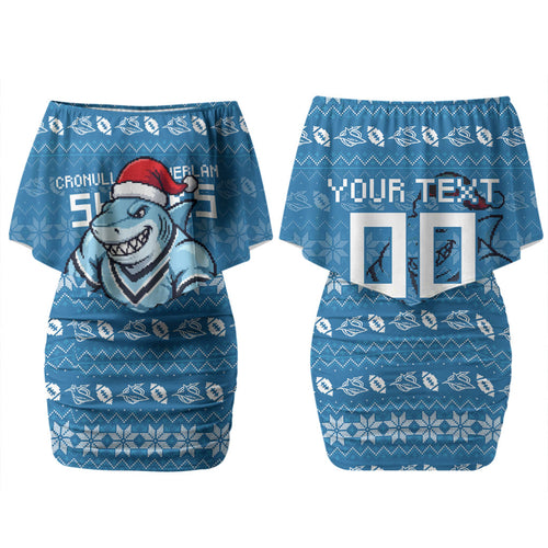 Personalized Cronulla Sharks Christmas Couples Matching Off Shoulder Short Dress and Long Sleeve Button Shirt Australian Rugby Fans - Pixelated Ugly Xmas Pattern Mascot Santa