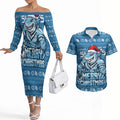 Personalized Cronulla Sharks Christmas Couples Matching Off The Shoulder Long Sleeve Dress and Hawaiian Shirt Australian Rugby Fans - Pixelated Ugly Xmas Pattern Mascot Santa