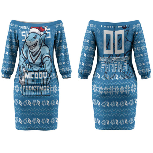 Personalized Cronulla Sharks Christmas Couples Matching Off The Shoulder Long Sleeve Dress and Hawaiian Shirt Australian Rugby Fans - Pixelated Ugly Xmas Pattern Mascot Santa