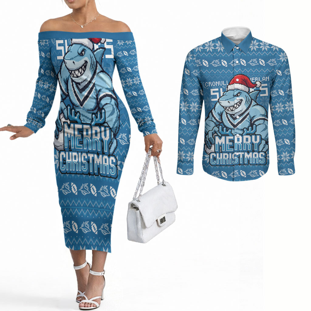Personalized Cronulla Sharks Christmas Couples Matching Off The Shoulder Long Sleeve Dress and Long Sleeve Button Shirt Australian Rugby Fans - Pixelated Ugly Xmas Pattern Mascot Santa