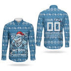 Personalized Cronulla Sharks Christmas Couples Matching Off The Shoulder Long Sleeve Dress and Long Sleeve Button Shirt Australian Rugby Fans - Pixelated Ugly Xmas Pattern Mascot Santa