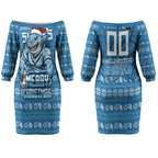 Personalized Cronulla Sharks Christmas Couples Matching Off The Shoulder Long Sleeve Dress and Long Sleeve Button Shirt Australian Rugby Fans - Pixelated Ugly Xmas Pattern Mascot Santa