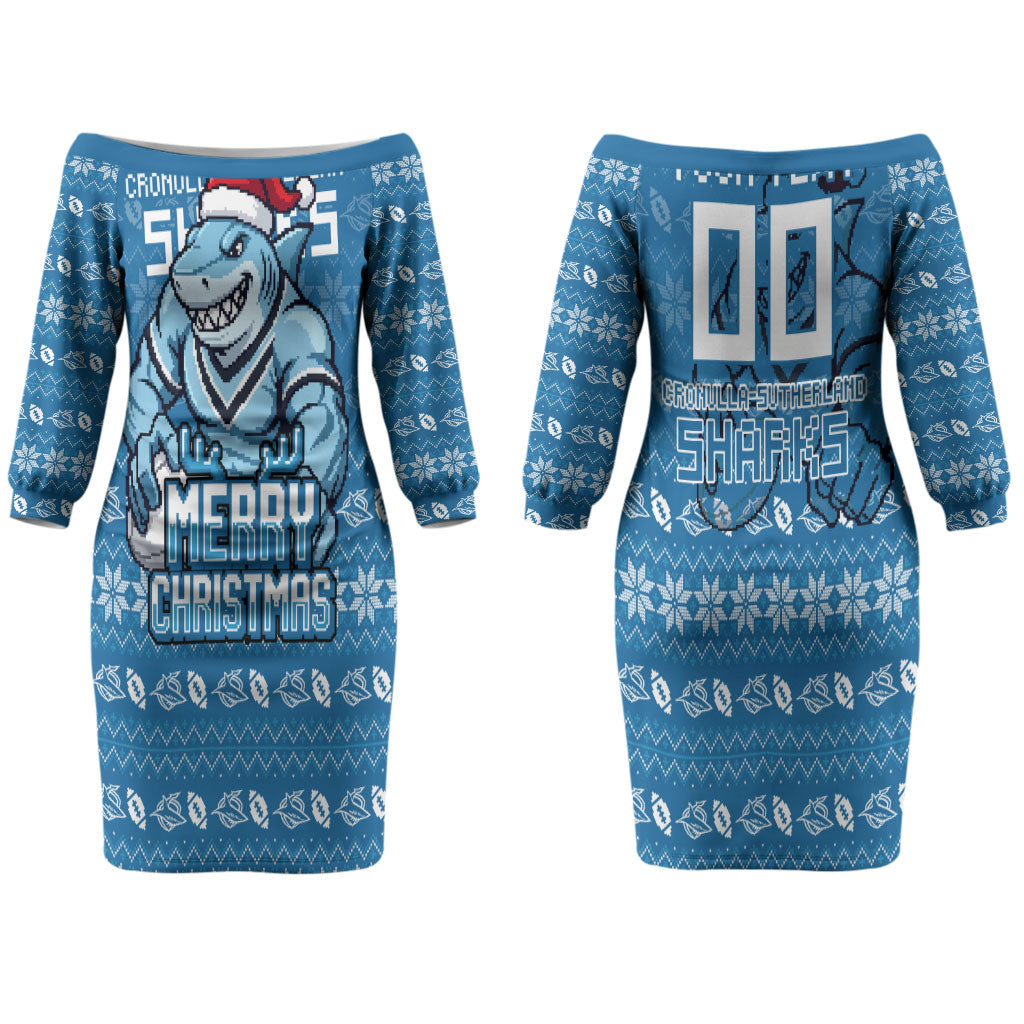 Personalized Cronulla Sharks Christmas Couples Matching Off The Shoulder Long Sleeve Dress and Long Sleeve Button Shirt Australian Rugby Fans - Pixelated Ugly Xmas Pattern Mascot Santa