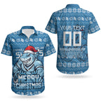 Personalized Cronulla Sharks Christmas Couples Matching Puletasi and Hawaiian Shirt Australian Rugby Fans - Pixelated Ugly Xmas Pattern Mascot Santa