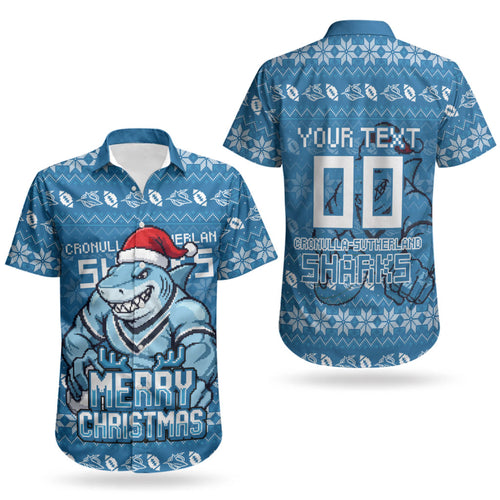 Personalized Cronulla Sharks Christmas Couples Matching Puletasi and Hawaiian Shirt Australian Rugby Fans - Pixelated Ugly Xmas Pattern Mascot Santa