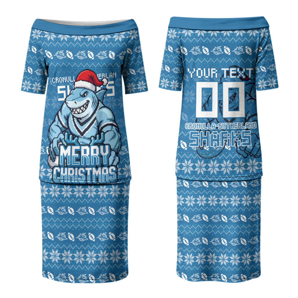 Personalized Cronulla Sharks Christmas Couples Matching Puletasi and Hawaiian Shirt Australian Rugby Fans - Pixelated Ugly Xmas Pattern Mascot Santa