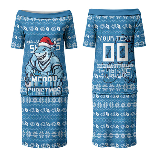 Personalized Cronulla Sharks Christmas Couples Matching Puletasi and Hawaiian Shirt Australian Rugby Fans - Pixelated Ugly Xmas Pattern Mascot Santa