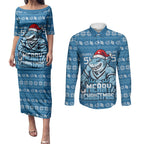 Personalized Cronulla Sharks Christmas Couples Matching Puletasi and Long Sleeve Button Shirt Australian Rugby Fans - Pixelated Ugly Xmas Pattern Mascot Santa