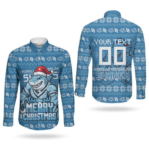 Personalized Cronulla Sharks Christmas Couples Matching Puletasi and Long Sleeve Button Shirt Australian Rugby Fans - Pixelated Ugly Xmas Pattern Mascot Santa