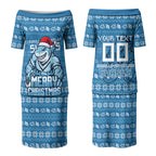 Personalized Cronulla Sharks Christmas Couples Matching Puletasi and Long Sleeve Button Shirt Australian Rugby Fans - Pixelated Ugly Xmas Pattern Mascot Santa