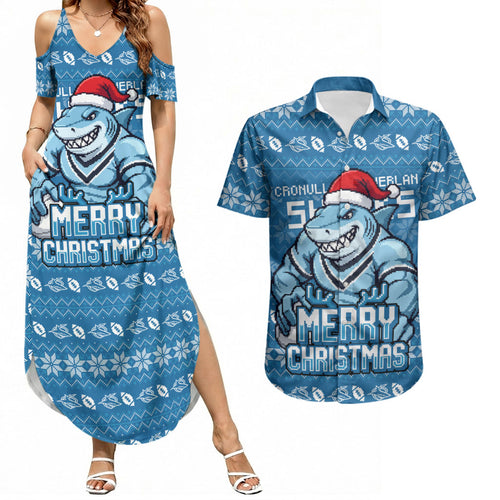 Personalized Cronulla Sharks Christmas Couples Matching Summer Maxi Dress and Hawaiian Shirt Australian Rugby Fans - Pixelated Ugly Xmas Pattern Mascot Santa