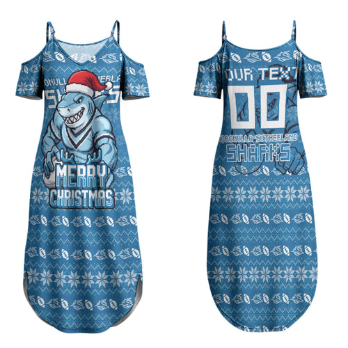 Personalized Cronulla Sharks Christmas Couples Matching Summer Maxi Dress and Hawaiian Shirt Australian Rugby Fans - Pixelated Ugly Xmas Pattern Mascot Santa