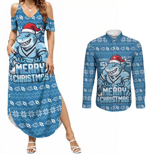 Personalized Cronulla Sharks Christmas Couples Matching Summer Maxi Dress and Long Sleeve Button Shirt Australian Rugby Fans - Pixelated Ugly Xmas Pattern Mascot Santa