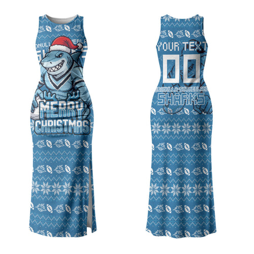 Personalized Cronulla Sharks Christmas Couples Matching Tank Maxi Dress and Long Sleeve Button Shirt Australian Rugby Fans - Pixelated Ugly Xmas Pattern Mascot Santa