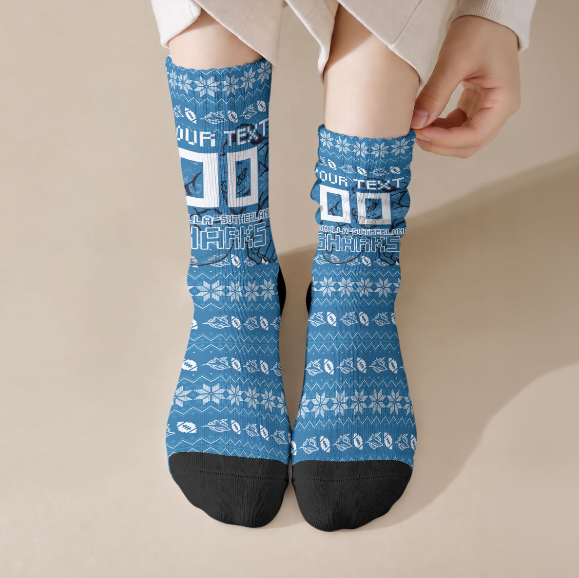 Personalized Cronulla Sharks Christmas Crew Socks Australian Rugby Fans - Pixelated Ugly Xmas Pattern Mascot Santa