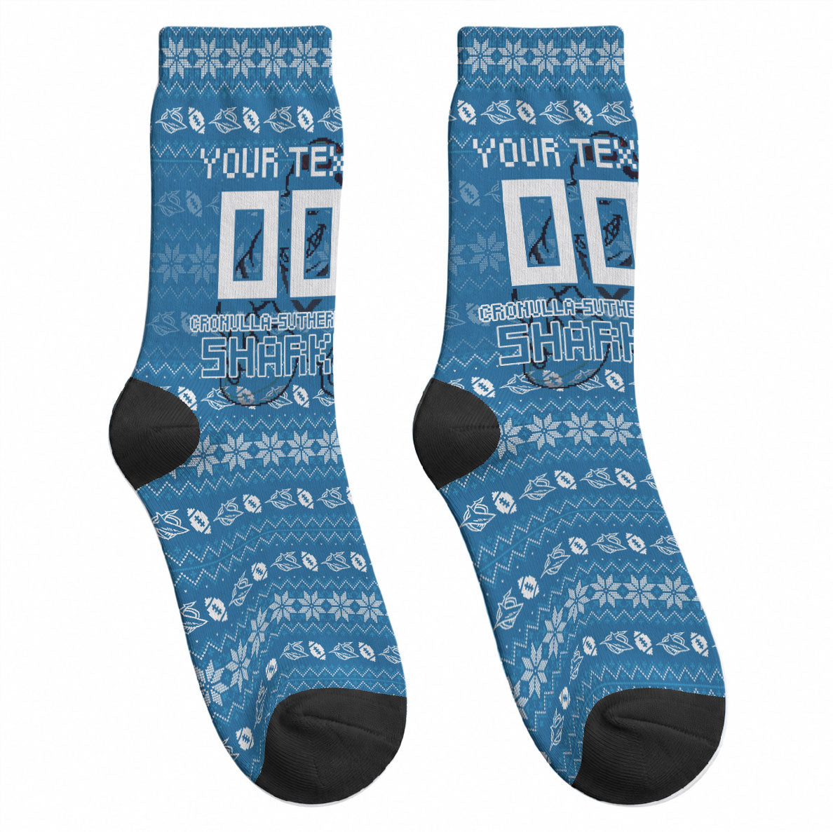 Personalized Cronulla Sharks Christmas Crew Socks Australian Rugby Fans - Pixelated Ugly Xmas Pattern Mascot Santa