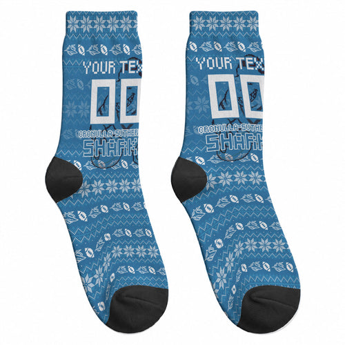 Personalized Cronulla Sharks Christmas Crew Socks Australian Rugby Fans - Pixelated Ugly Xmas Pattern Mascot Santa
