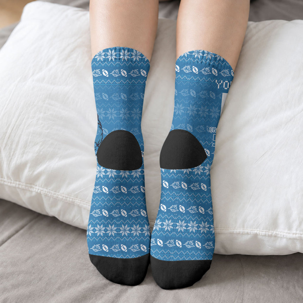 Personalized Cronulla Sharks Christmas Crew Socks Australian Rugby Fans - Pixelated Ugly Xmas Pattern Mascot Santa