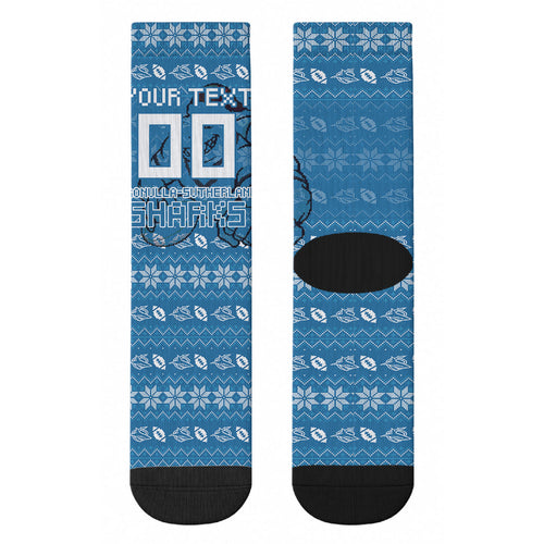 Personalized Cronulla Sharks Christmas Crew Socks Australian Rugby Fans - Pixelated Ugly Xmas Pattern Mascot Santa