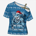 Personalized Cronulla Sharks Christmas Cross Shoulder Shirt Australian Rugby Fans - Pixelated Ugly Xmas Pattern Mascot Santa