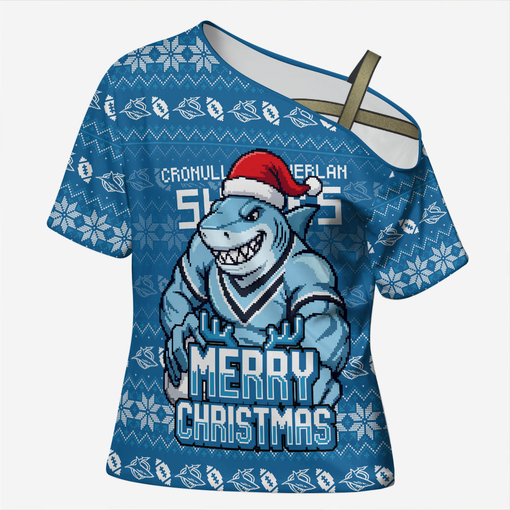 Personalized Cronulla Sharks Christmas Cross Shoulder Shirt Australian Rugby Fans - Pixelated Ugly Xmas Pattern Mascot Santa