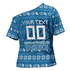 Personalized Cronulla Sharks Christmas Cross Shoulder Shirt Australian Rugby Fans - Pixelated Ugly Xmas Pattern Mascot Santa