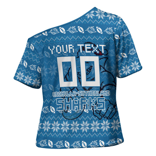 Personalized Cronulla Sharks Christmas Cross Shoulder Shirt Australian Rugby Fans - Pixelated Ugly Xmas Pattern Mascot Santa