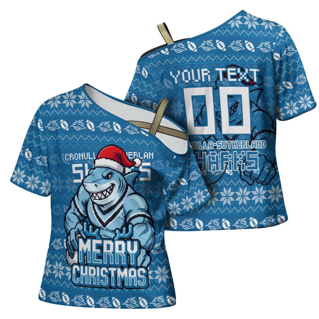 Personalized Cronulla Sharks Christmas Cross Shoulder Shirt Australian Rugby Fans - Pixelated Ugly Xmas Pattern Mascot Santa