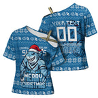 Personalized Cronulla Sharks Christmas Cross Shoulder Shirt Australian Rugby Fans - Pixelated Ugly Xmas Pattern Mascot Santa