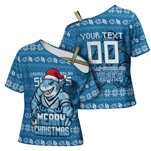 Personalized Cronulla Sharks Christmas Cross Shoulder Shirt Australian Rugby Fans - Pixelated Ugly Xmas Pattern Mascot Santa