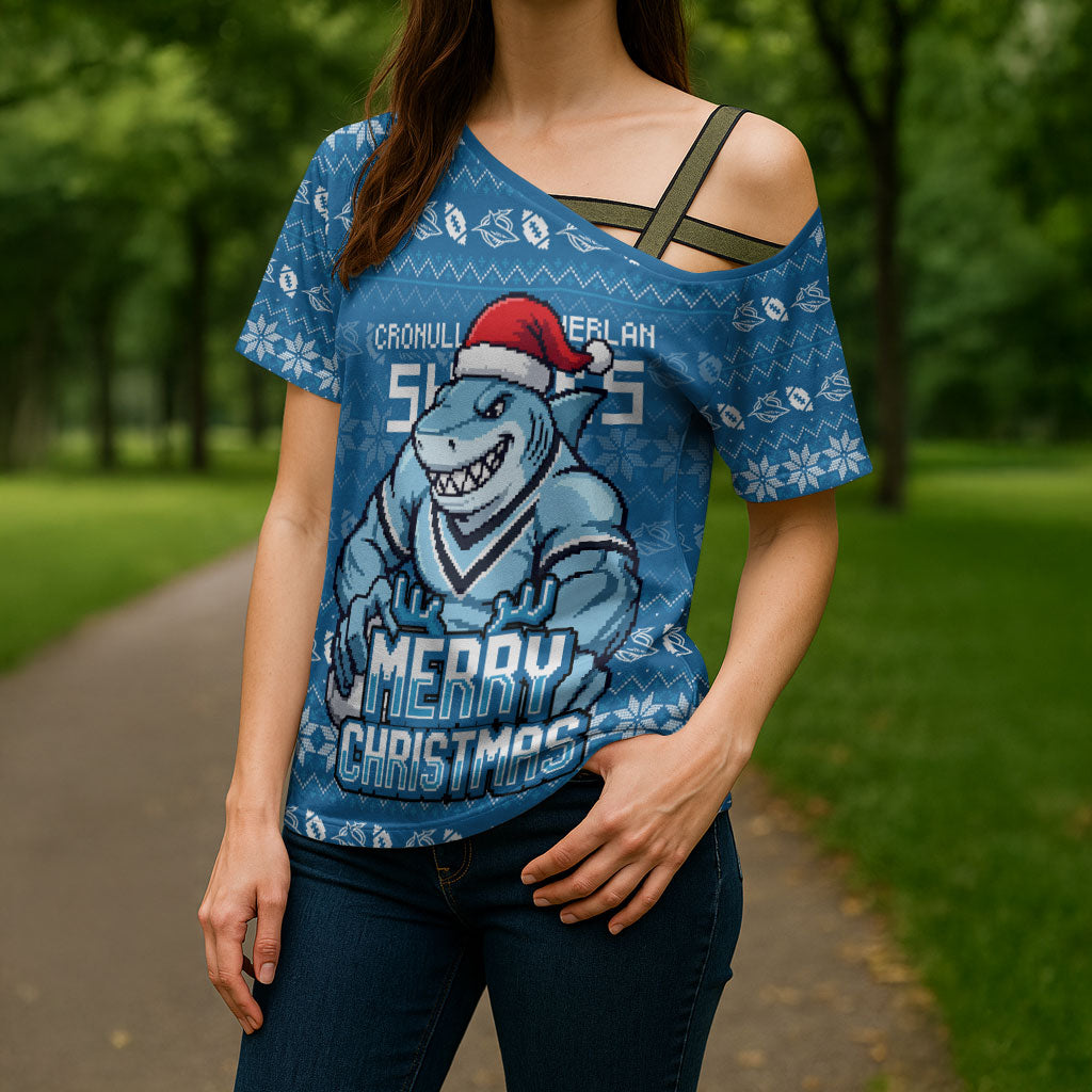 Personalized Cronulla Sharks Christmas Cross Shoulder Shirt Australian Rugby Fans - Pixelated Ugly Xmas Pattern Mascot Santa