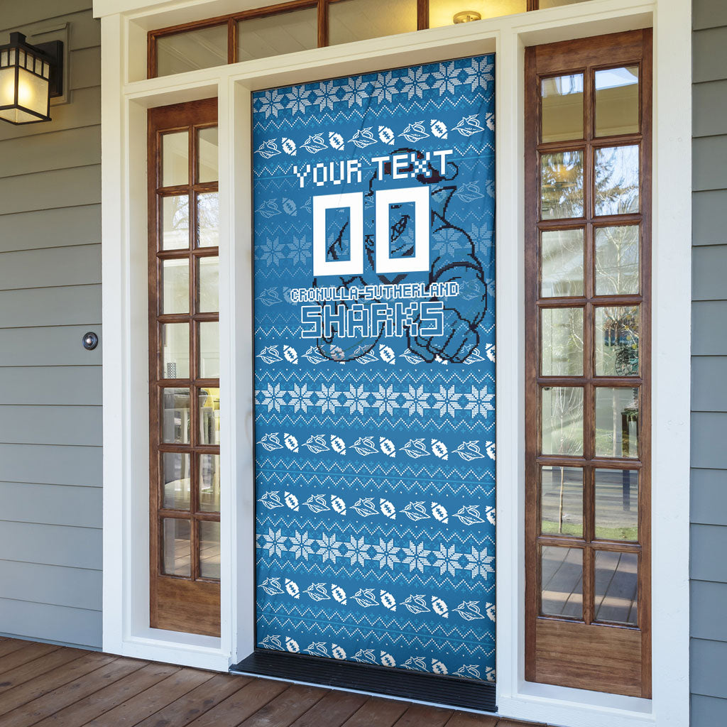 Personalized Cronulla Sharks Christmas Door Cover Australian Rugby Fans - Pixelated Ugly Xmas Pattern Mascot Santa