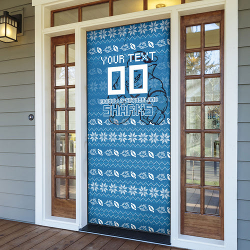 Personalized Cronulla Sharks Christmas Door Cover Australian Rugby Fans - Pixelated Ugly Xmas Pattern Mascot Santa